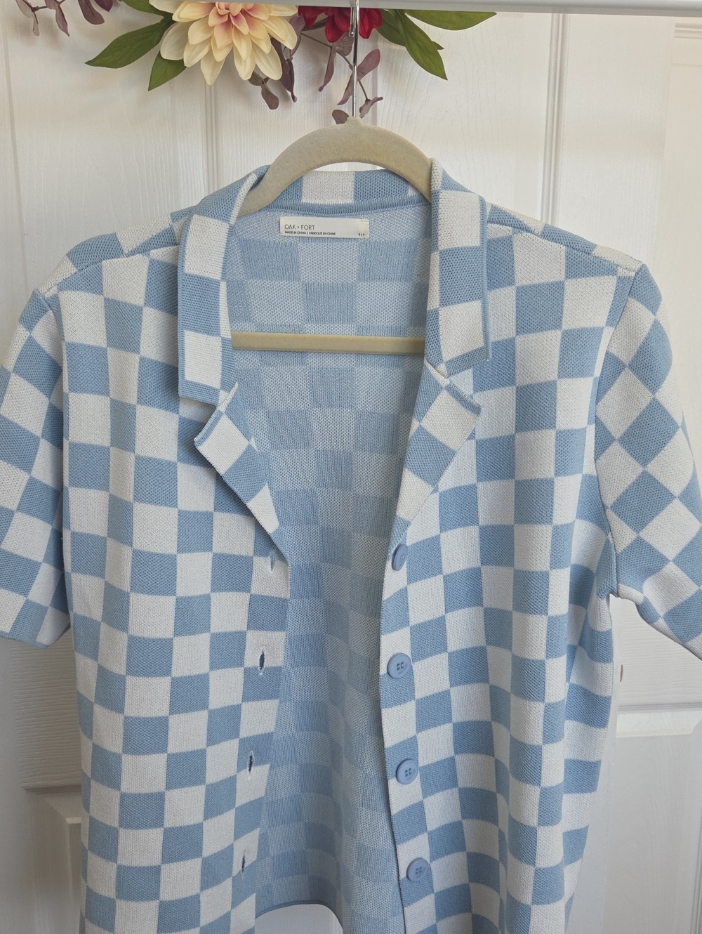 OAK + FORT Light Blue & White Checkered Short Sleeve Button-Up Shirt Size Small